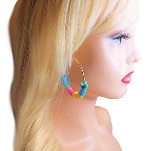 Colorful Beaded Hoop Earrrings, Large Beaded Hoops, Large Gold Hoops